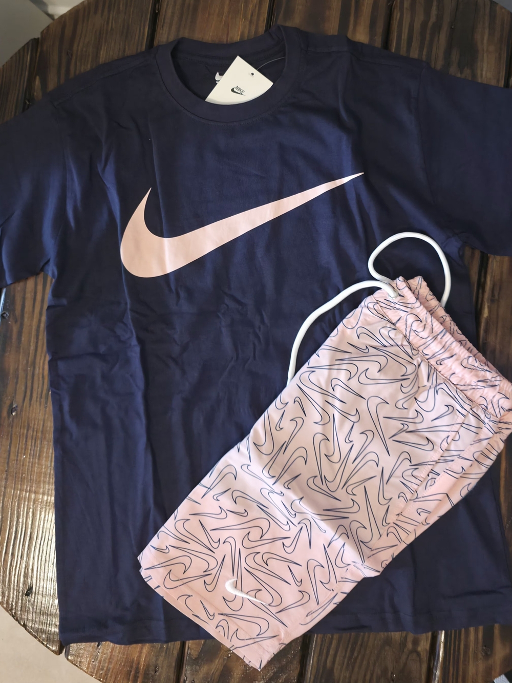 Nike Navy Tee with Pink Swoosh & Pink Patterned Shorts S-3XL
